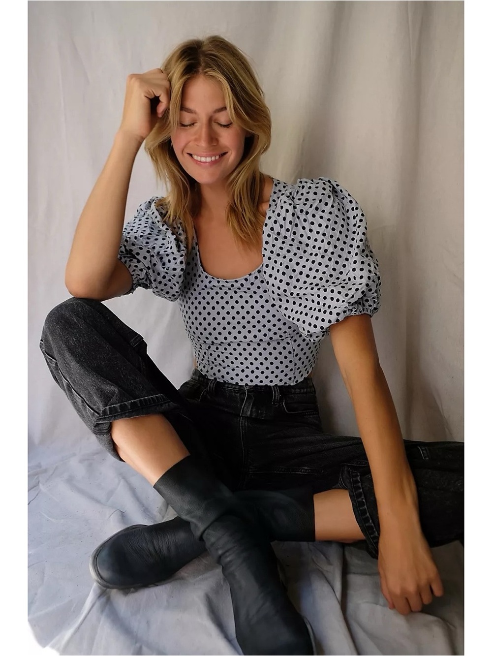 Free People Polka Puff Sleeve Blouse in Dusty Blue Size 6